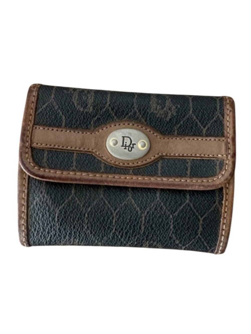 Vintage Christian Dior Monogram Canvas Wallet Card Holder Brown Leather Trim